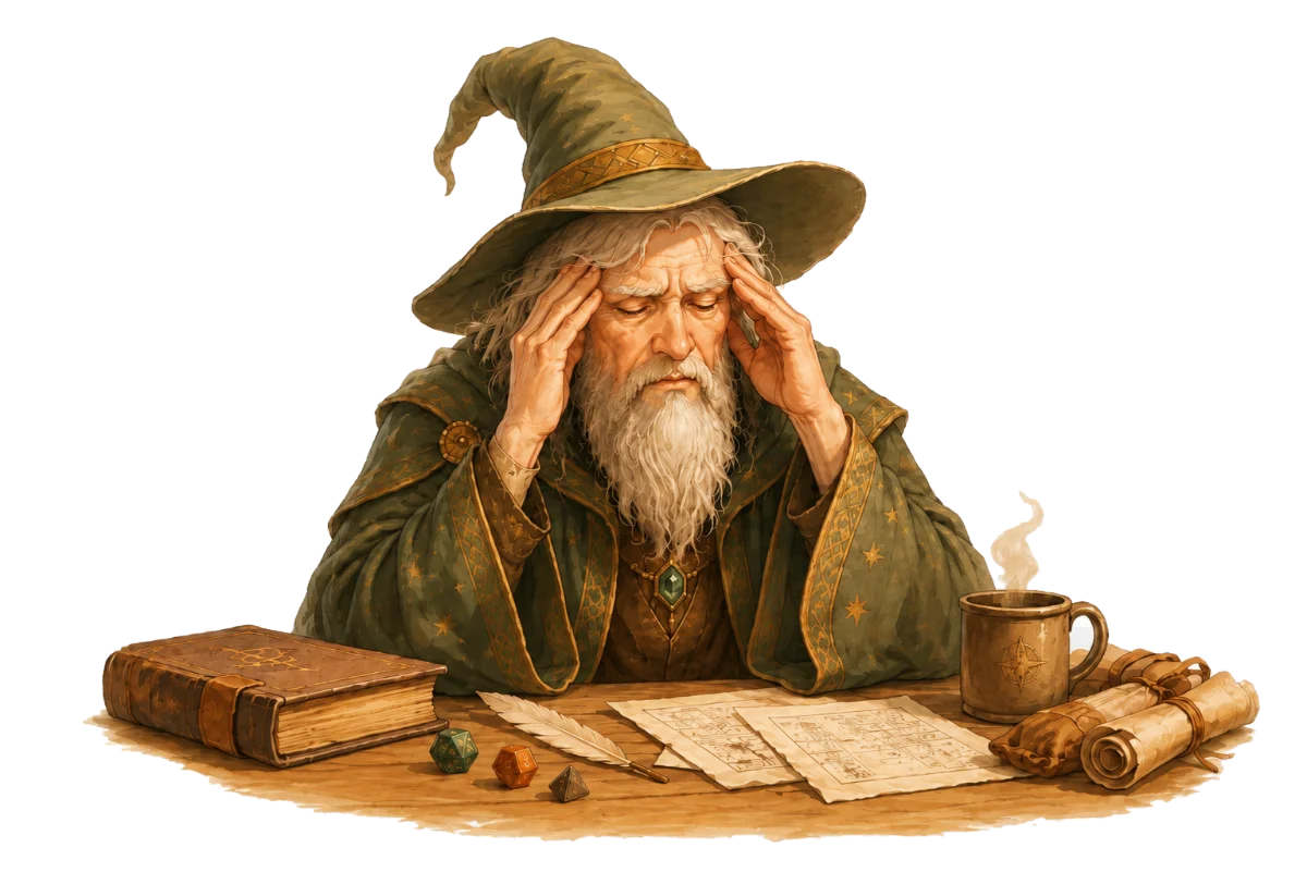 A weary wizard with a headache, slumped over his prep notes